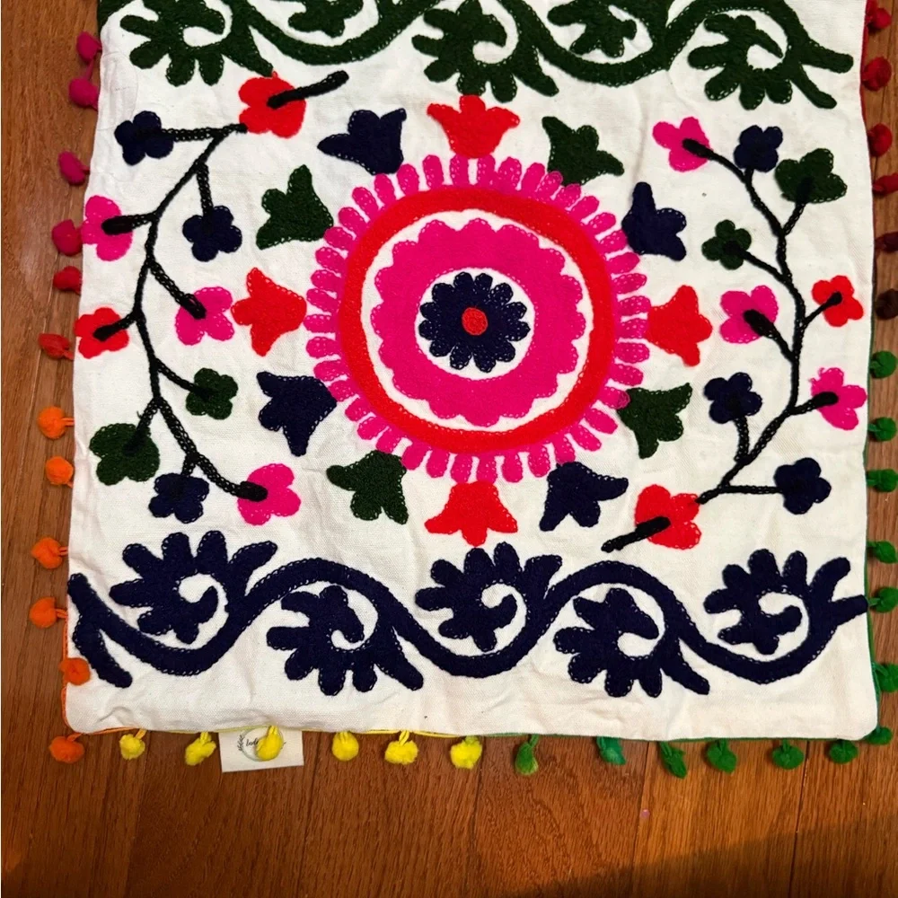 Embroidered Floral Pom Pom Accent Pillow Cover - Bright Multi